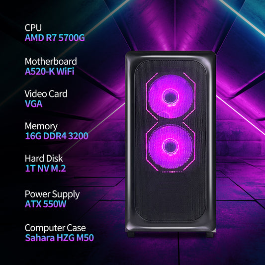 HZG Gaming Desktop Computer PC,AMD Ryzen 7 5700G, AMD Radeon Vega 8,core 3.8GHz (up to 4.6GHz) 16GB RAM and 1TB NVMe M.2 SSD, WiFi6 ARGB Fan, Windows 11 Prebuilt Gaming PC Tower Windows 11