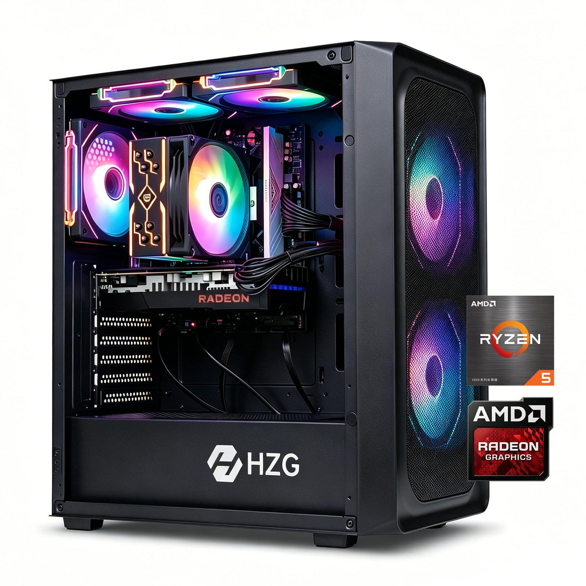 HZG M500 Prebuilt Gaming Desktop PC, AMD Ryzen 5 5600 6-Core, Radeon RX 6600 8GB, 16GB DDR4, 1TB NVMe SSD, Wi-Fi 6, VR Ready, Windows 11