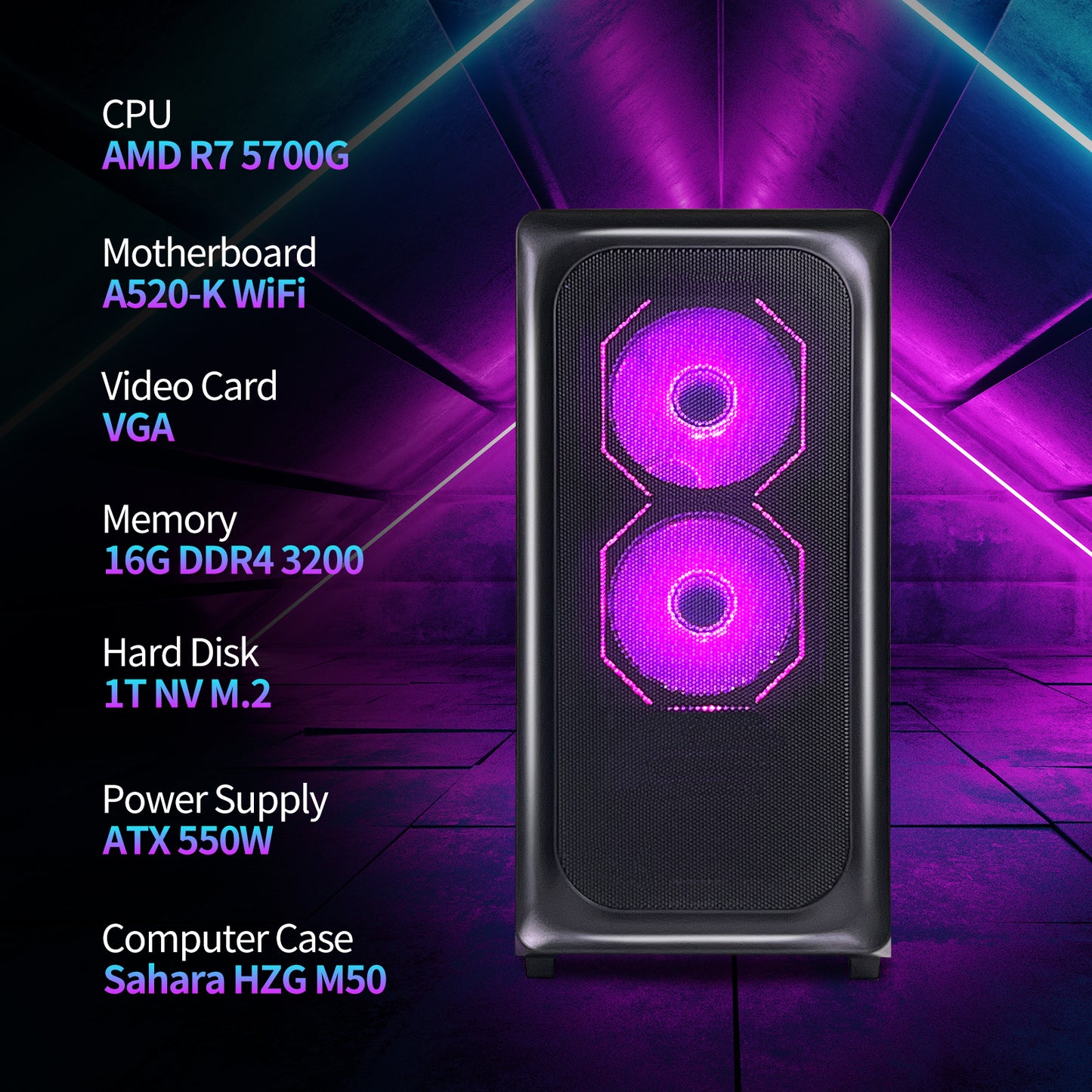 HZG Gaming Desktop Computer PC,AMD Ryzen 7 5700G, AMD Radeon Vega 8,core 3.8GHz (up to 4.6GHz) 16GB RAM and 1TB NVMe M.2 SSD, WiFi6 ARGB Fan, Windows 11 Prebuilt Gaming PC Tower Windows 11