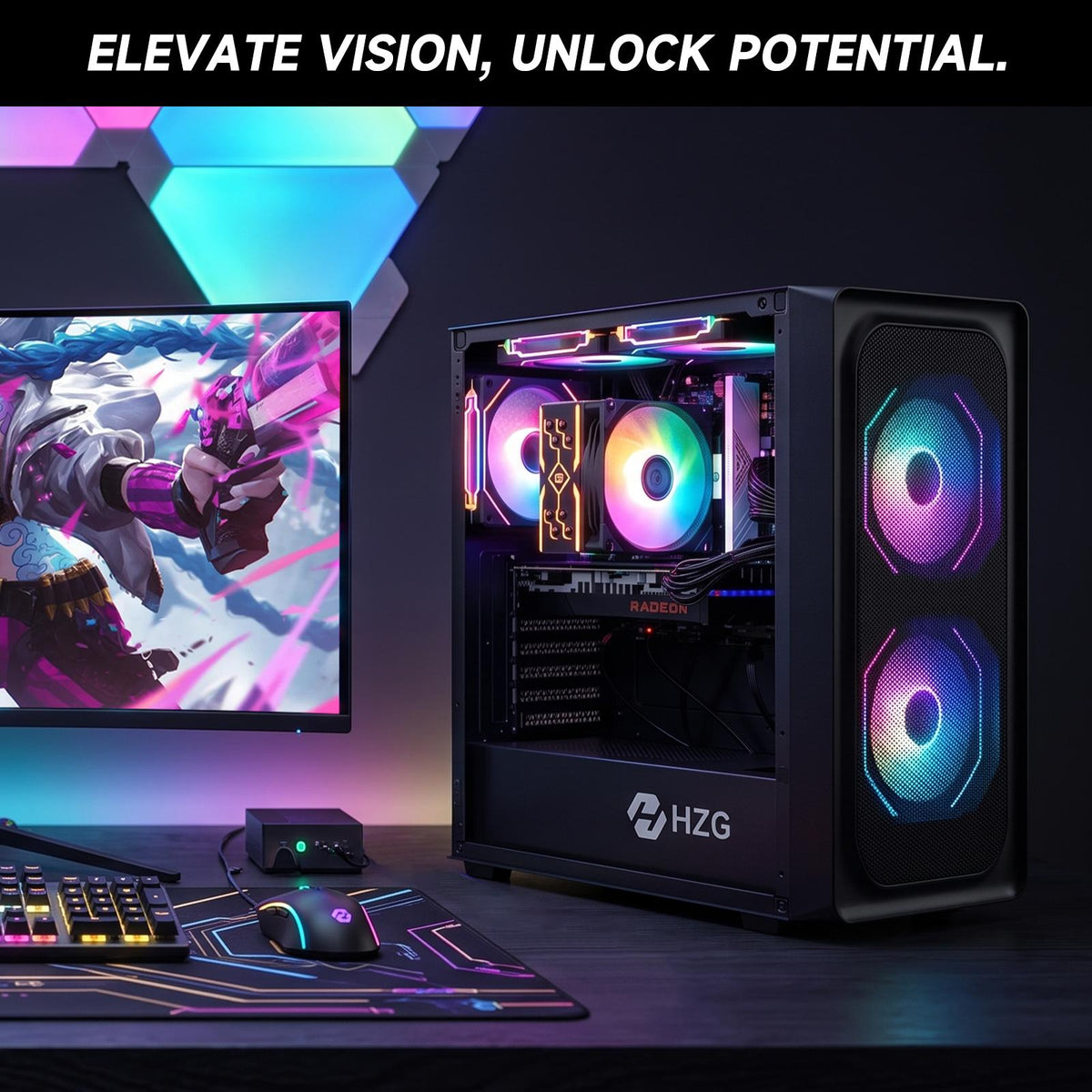 HZG M500 Prebuilt Gaming Desktop PC, AMD Ryzen 5 5600 6-Core, Radeon RX 6600 8GB, 16GB DDR4, 1TB NVMe SSD, Wi-Fi 6, VR Ready, Windows 11