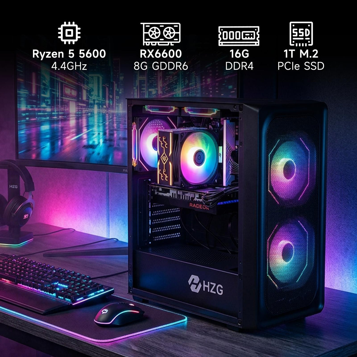 HZG M500 Prebuilt Gaming Desktop PC, AMD Ryzen 5 5600 6-Core, Radeon RX 6600 8GB, 16GB DDR4, 1TB NVMe SSD, Wi-Fi 6, VR Ready, Windows 11