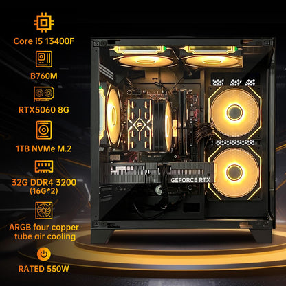HZG Gaming Desktop Computer PC,Intel Core i5-13400F GeForce RTX 5060 8G 32GB RAM and 1TB NVMe M.2 SSD, WiFi6E, ARGB Fan, Prebuilt Gaming PC Tower