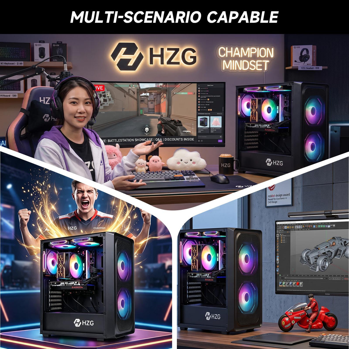 HZG M500 Prebuilt Gaming Desktop PC, AMD Ryzen 5 5600 6-Core, Radeon RX 6600 8GB, 16GB DDR4, 1TB NVMe SSD, Wi-Fi 6, VR Ready, Windows 11